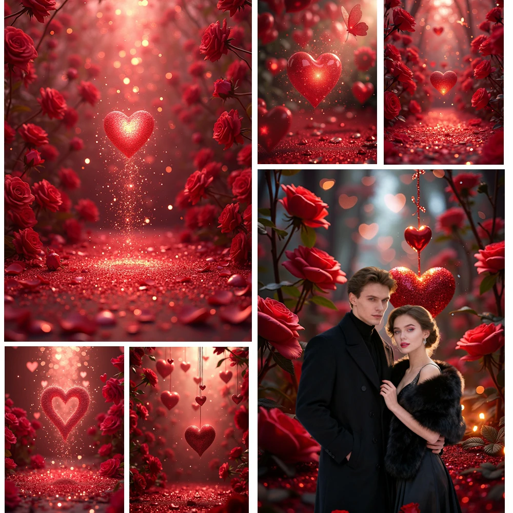 

MOON.QG Valentine's Day Red Rose February 14 Background Heart Light Backdrop Wallpaper Photocall Photo Studio Women Wallpaper
