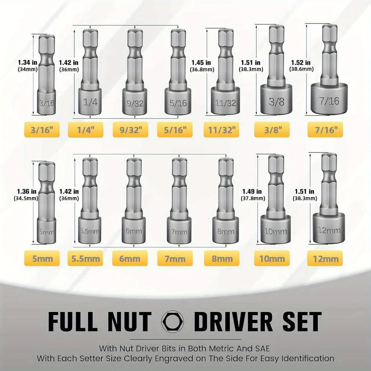 14Pcs Power Nuts Driver Drill Bit Tools Set, 1/4 inch Driver Hex Metric & SAE Socket Wrench Screw for Power Tools