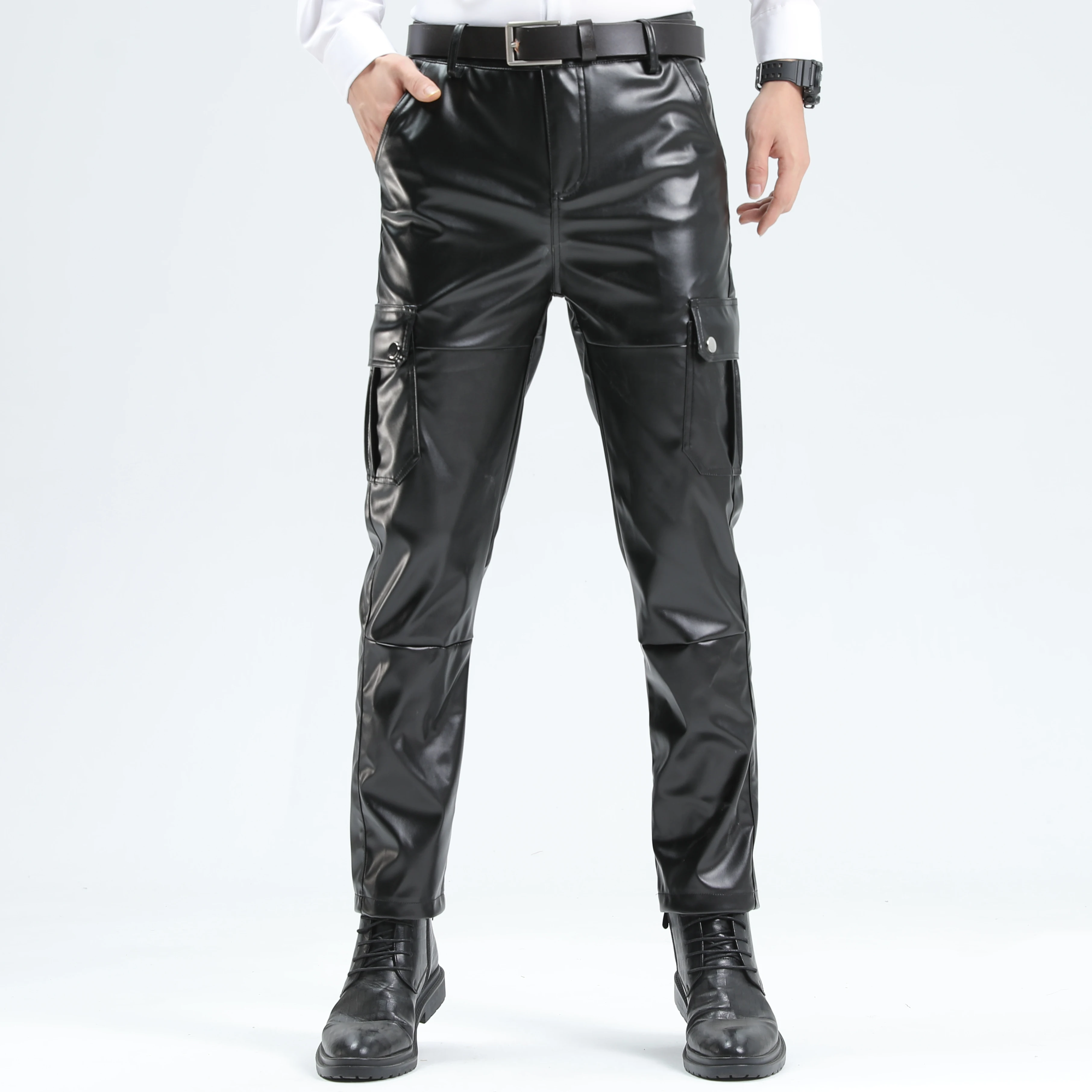 Men Leather Pants Superior Quality Elastic Male Fashion Motorcycle Faux Leather Trousers Rock Streetwear Pockets