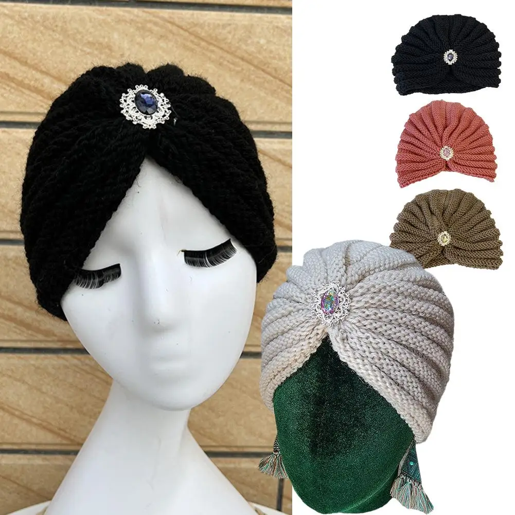 2023 New Round Bead Accessory Hat Women Wool Knitted Diamond and Autumn Winter Cap Jewelry Hats Bonnet Bohemian Silver W5A9