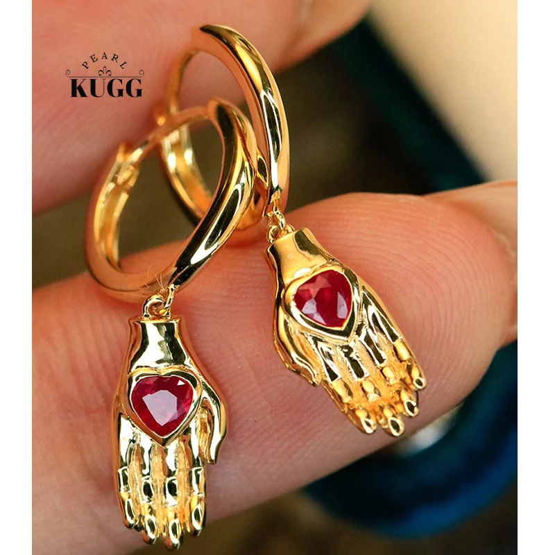 KUGG серьги из 100% желтого золота 18 карат, модные серьги-кольца в стиле INS из настоящего натурального рубина для женщин, подарок на день рождения, ювелирные изделия для вечеринок