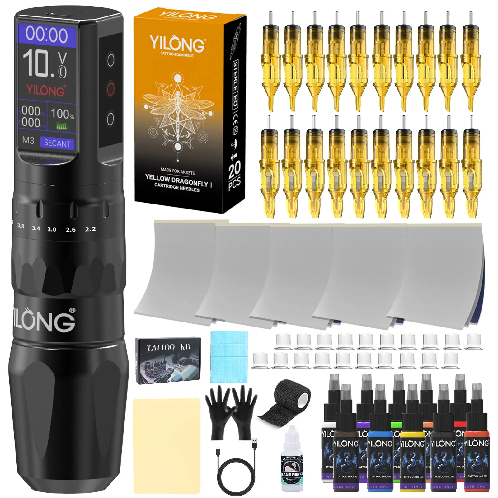 YILONG Complete Wireless Tattoo Pen Set Rotary Machine with LED Display for Professional Tattoo Artists