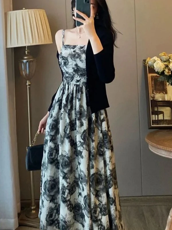 레트로 플러스 사이즈 플로럴 워터컬러 튜브 드 스트랩 웨이스트-신칭 맥시 가운 여름 디자인 센시빌리 엘레