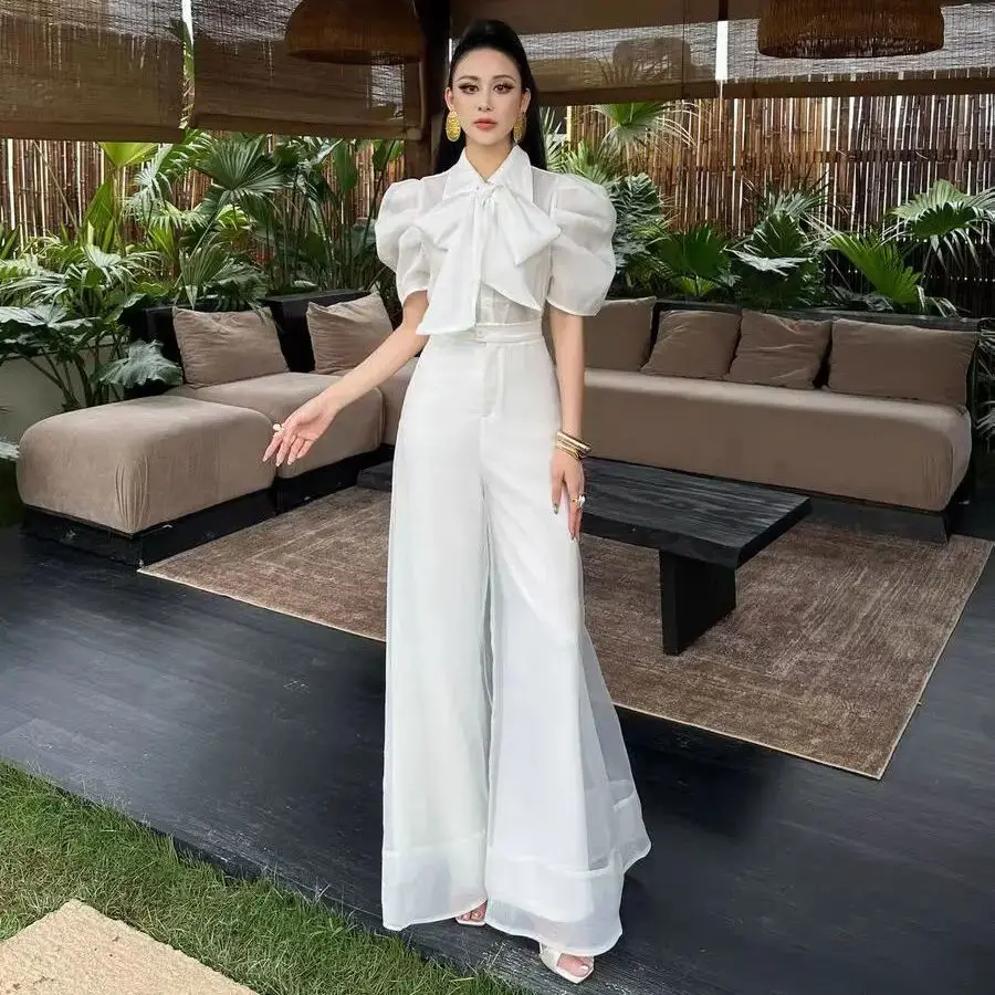 새로운 패션 오간자 와이드 레그 팔라초 팬츠 여성 우아한 여름 하이웨이스트 솔리드 컬러 오피스룩 바지 의류