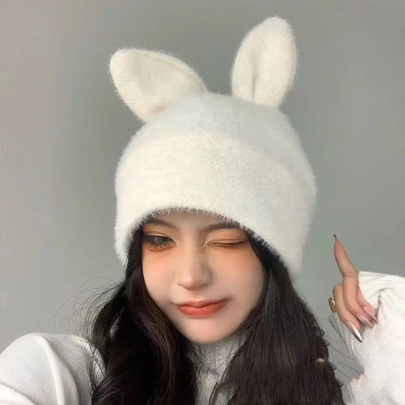 

Cute Rabbit Ears Knitted Hats for Women Autumn Winter Warm Panama Soft Rabbit Fur Beanie Cap Girls Skullies Ski Hat Gorras