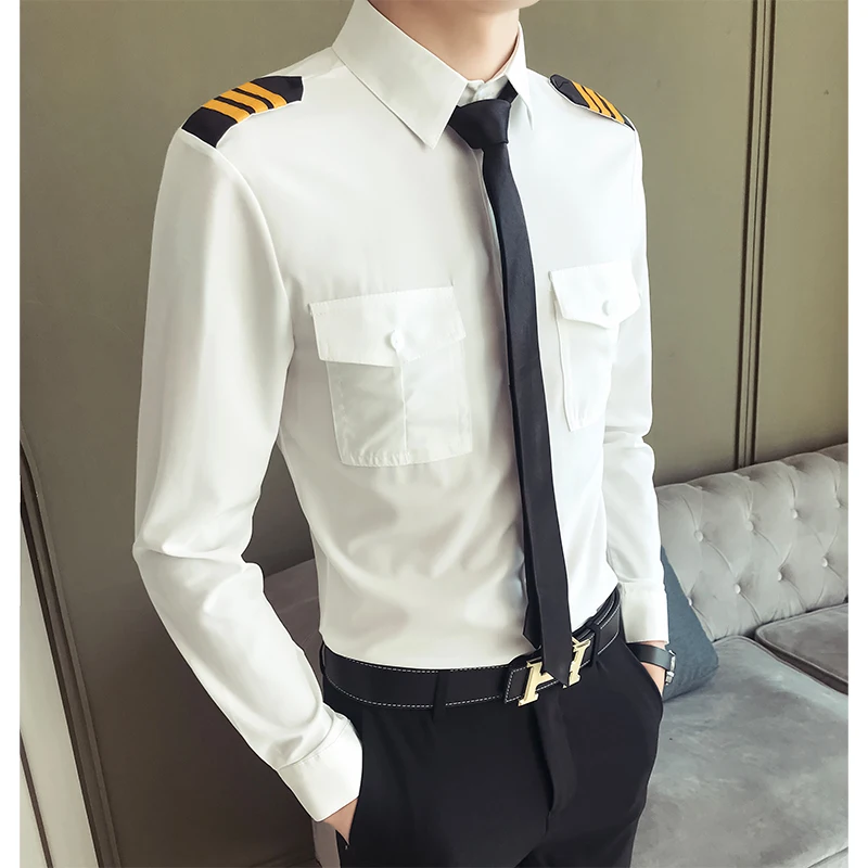 Captain Navy Costume Air Force White Shirt Male Nightclub Aviation Airline Pilot Flight Attendant Uniform For Officer Shirts