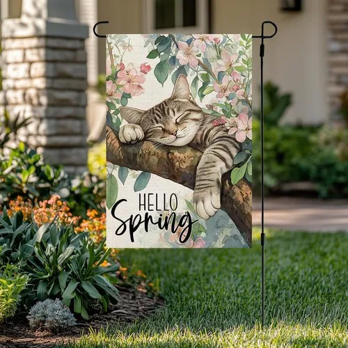 Spring Garden Flag Cat on Floral Tree Double Sided 12x18 Inches Small Burlap ... VVJ HHU