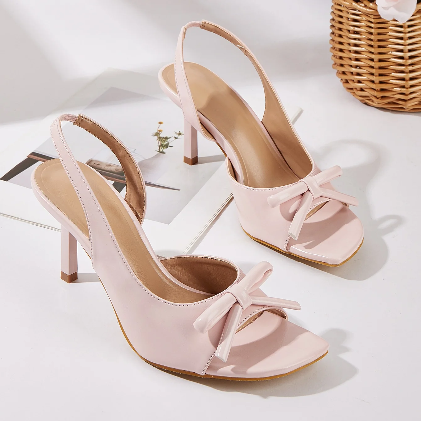 Shallow Mouth Slim Heeled High Heels Butterfly Knot Decorative Sandals Pink Sweet Wind Summer Shoes Pair With Skirts High Heels