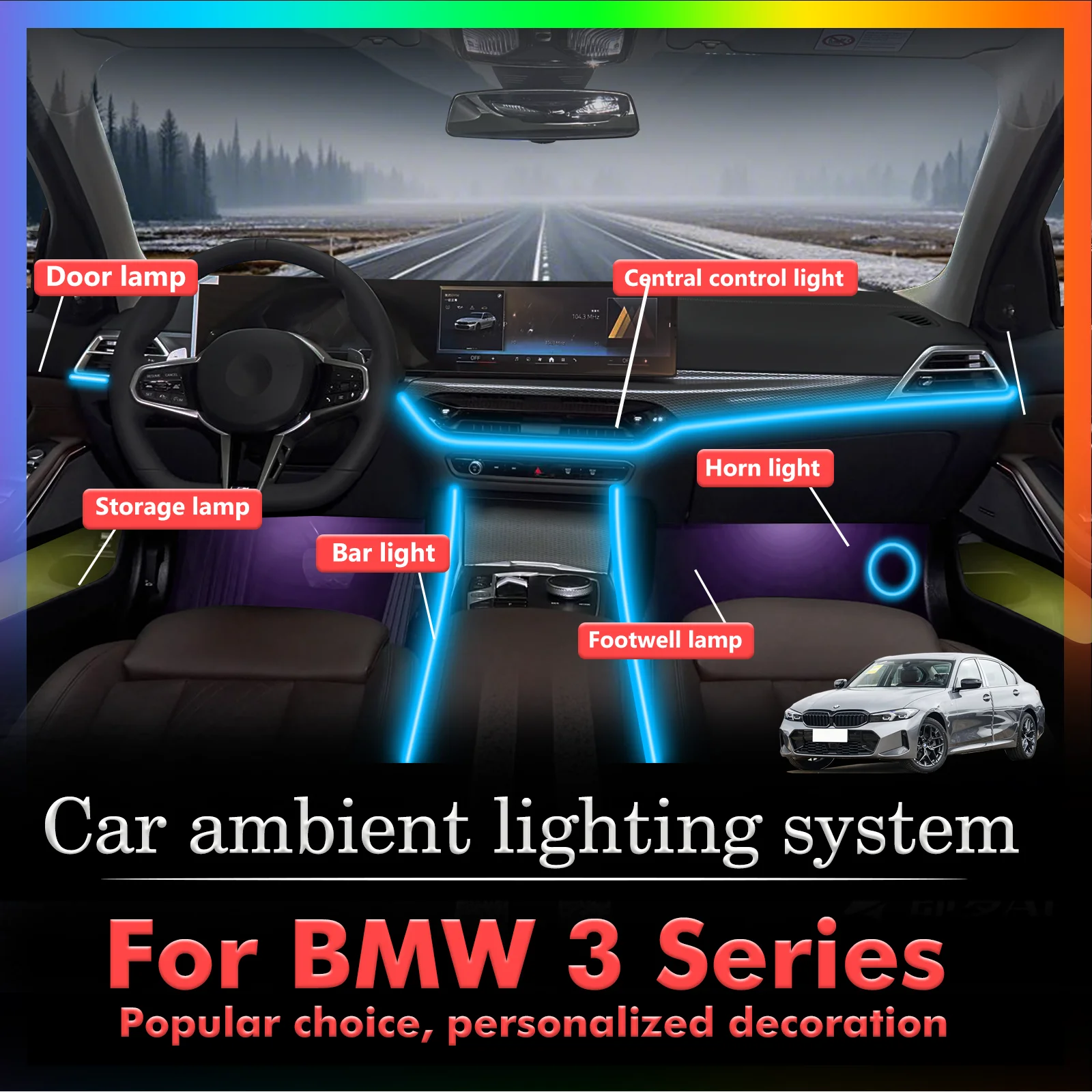 

For BMW 3 Series Car Interior Ambient Light RGB 64-Color LED Smart Remote Control Energy Saving Lamp Kit