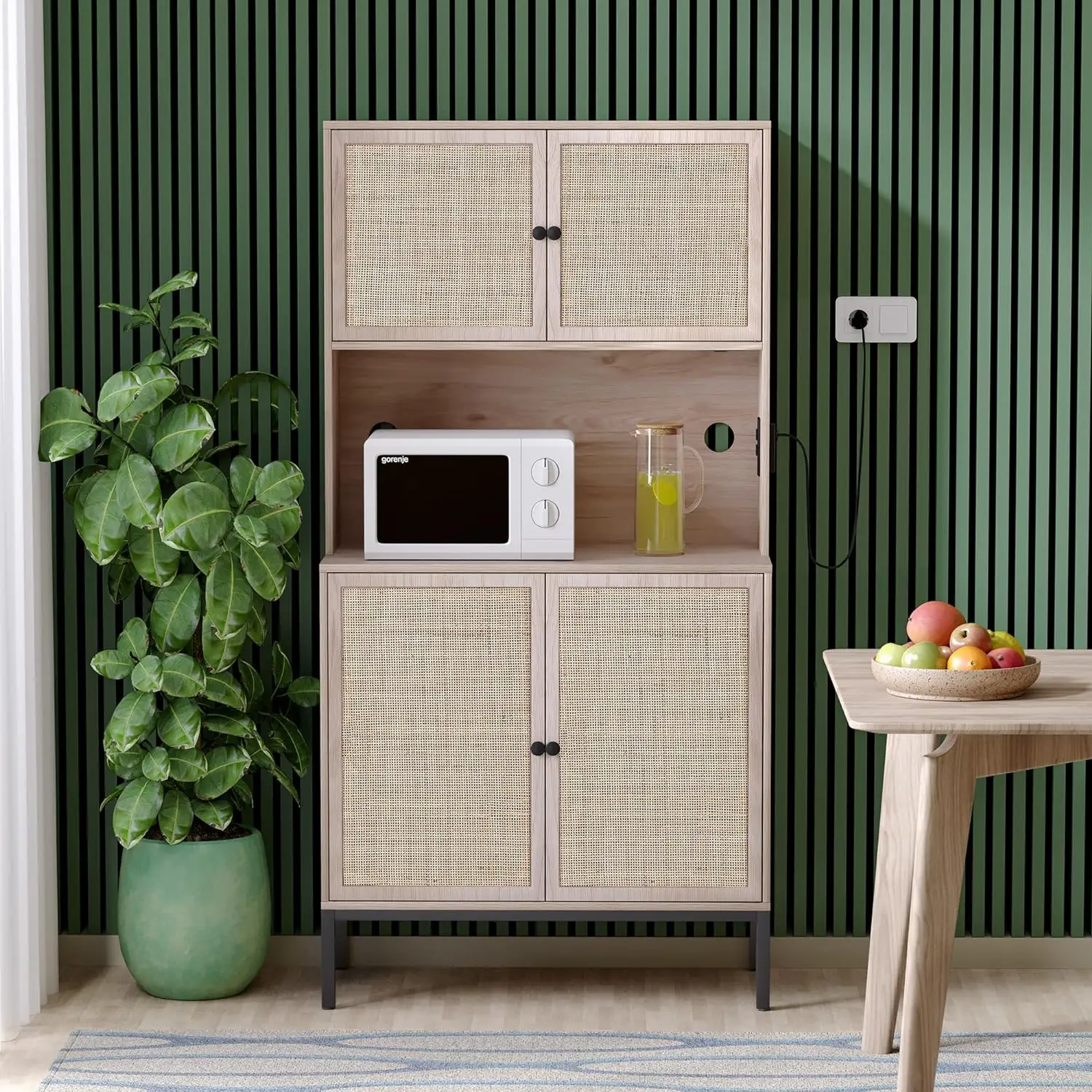 

Storage Cabinet w/ Natural Handmade Rattan Wicker Doors, Freestanding Sideboard with Large Countertop, Kitchen Buffet, Oak