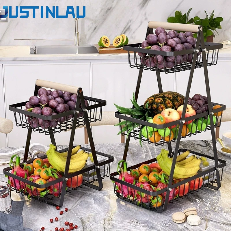 JUSTINLAU 2/3-stöckiger Obstkorb für die Arbeitsplatte, tragbarer, abnehmbarer Küchen-Organizer aus Stahl für Obst, Brot, Snacks, Aufbewahrungsregal