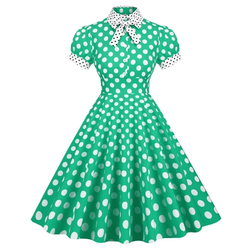 2025 New Hepburn Contrast Dotted Collar and Cuff Bow Front Button Up Rockabilly Dress Women 50s Pinup Cotton Retro Midi Dresses