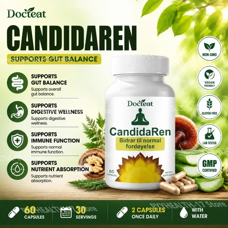 Docteat Gut Balance Probiotic-Free Capsules Caprylic Acid Oregano Black Walnut Digestive Support for Men & Women 60 Caps