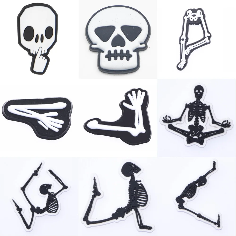 Horror Movie Black Grey Skeleton Shoe Decoration Charms White Bone Shoe Charms OK Hand Heart Gesture Halloween Presents