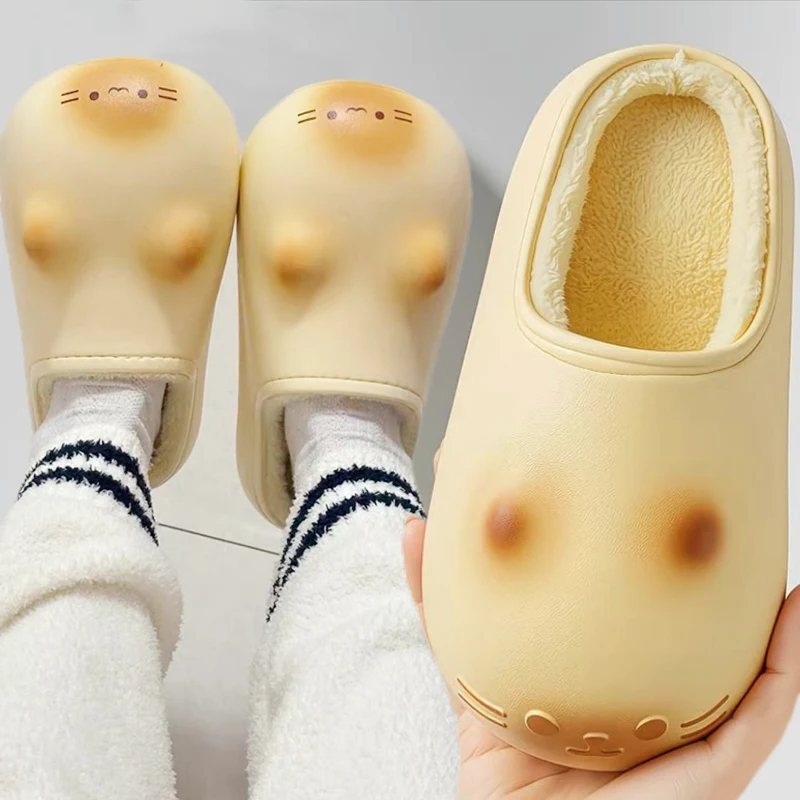 Kawaii Ultra Light Plush Cotton Slippers Outdoor Sports Waterproof Warm Shoes Autumn Winter Non-slip Bottom Cats Paws Slipper