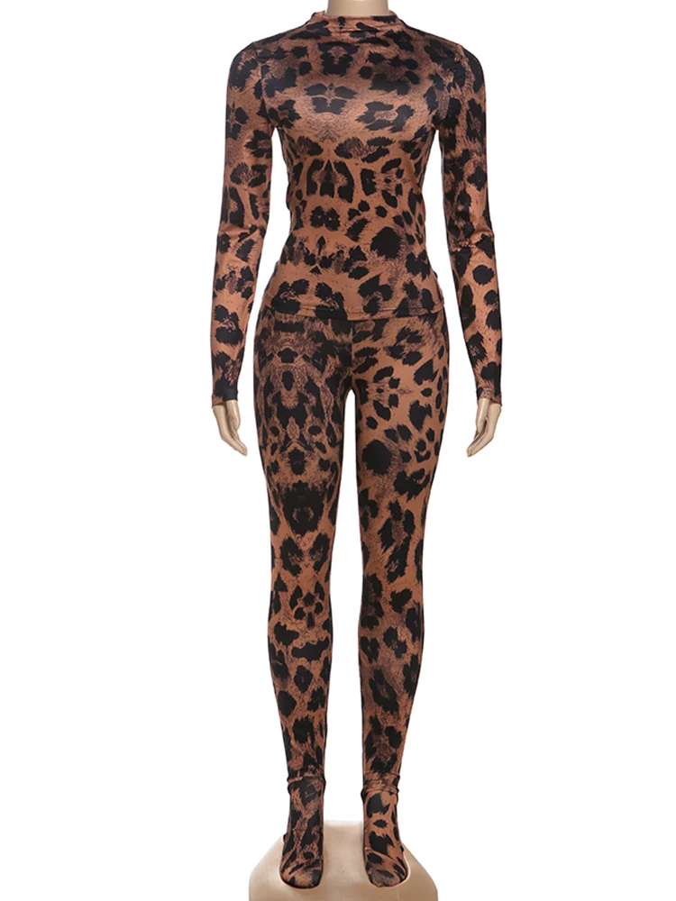 Cutenew leopardo impressão 2 peças conjunto feminino hipster o-pescoço colheita superior + leggings combinando sexy estiramento magro rua clubwear outfits