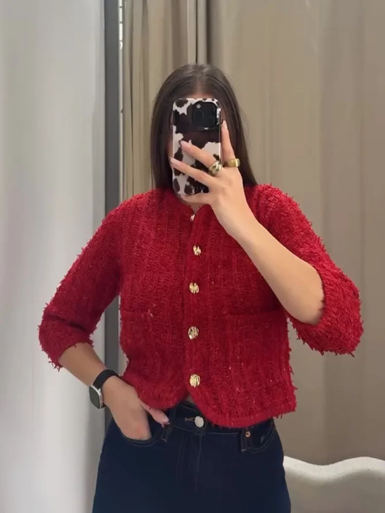 

TRAFZA Women' Spring Fashion Knitting Tops Solid O-Neck Long Sleeves Pockets Single-Breasted Cardigan Female Casual Coats