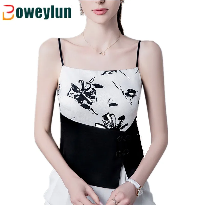 

Boweylun Chinese Style Disc Buckle Decoration Suspenders Women Summer Vintage Printed Splicing Fashion Vest