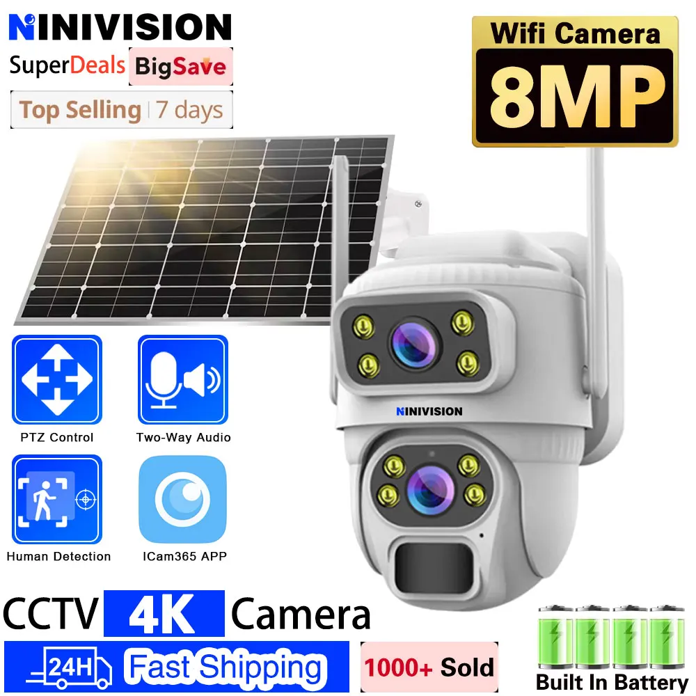 

8MP 4K Solar PTZ Wirelesss IP Dual Lens Camera Battery Outdoor HD 4MP WiFi Auto Tracking IP Camara Solar Panel CCTV Security