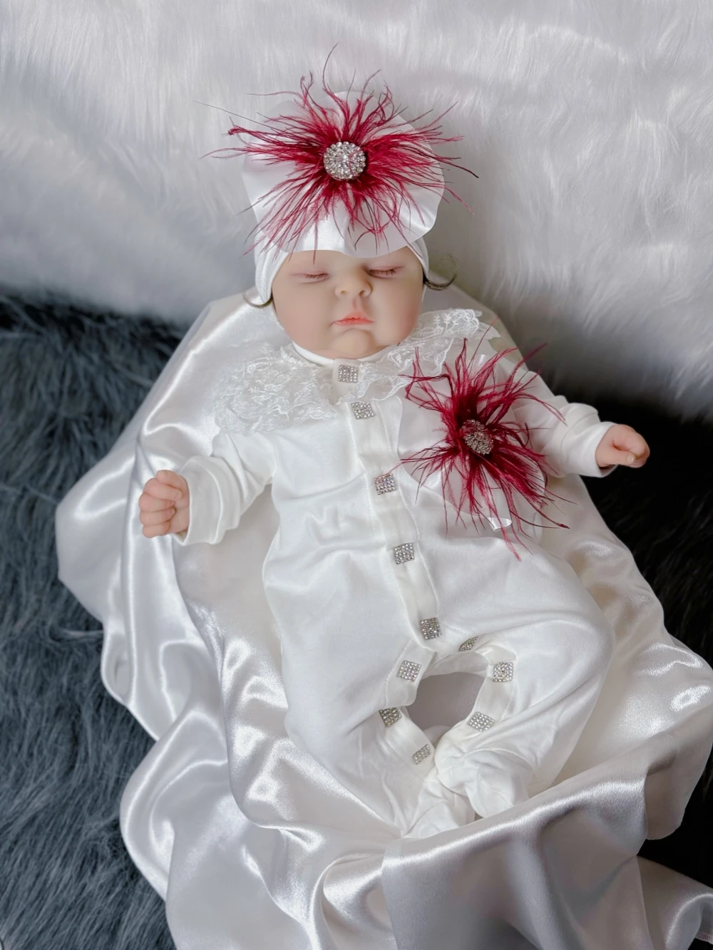 Vintage Chic Ostrich feathers Luxury Coming Home Baby Outfit Jewelry Hospital exit Infant Photography Shower Romper Layette