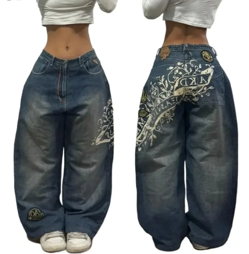 

American Fashion Vintage Hip-hop Embroidery Pattern Baggy Jeans For Men And Women Y2K Harajuku New Gothic Wide Pants Streetwear