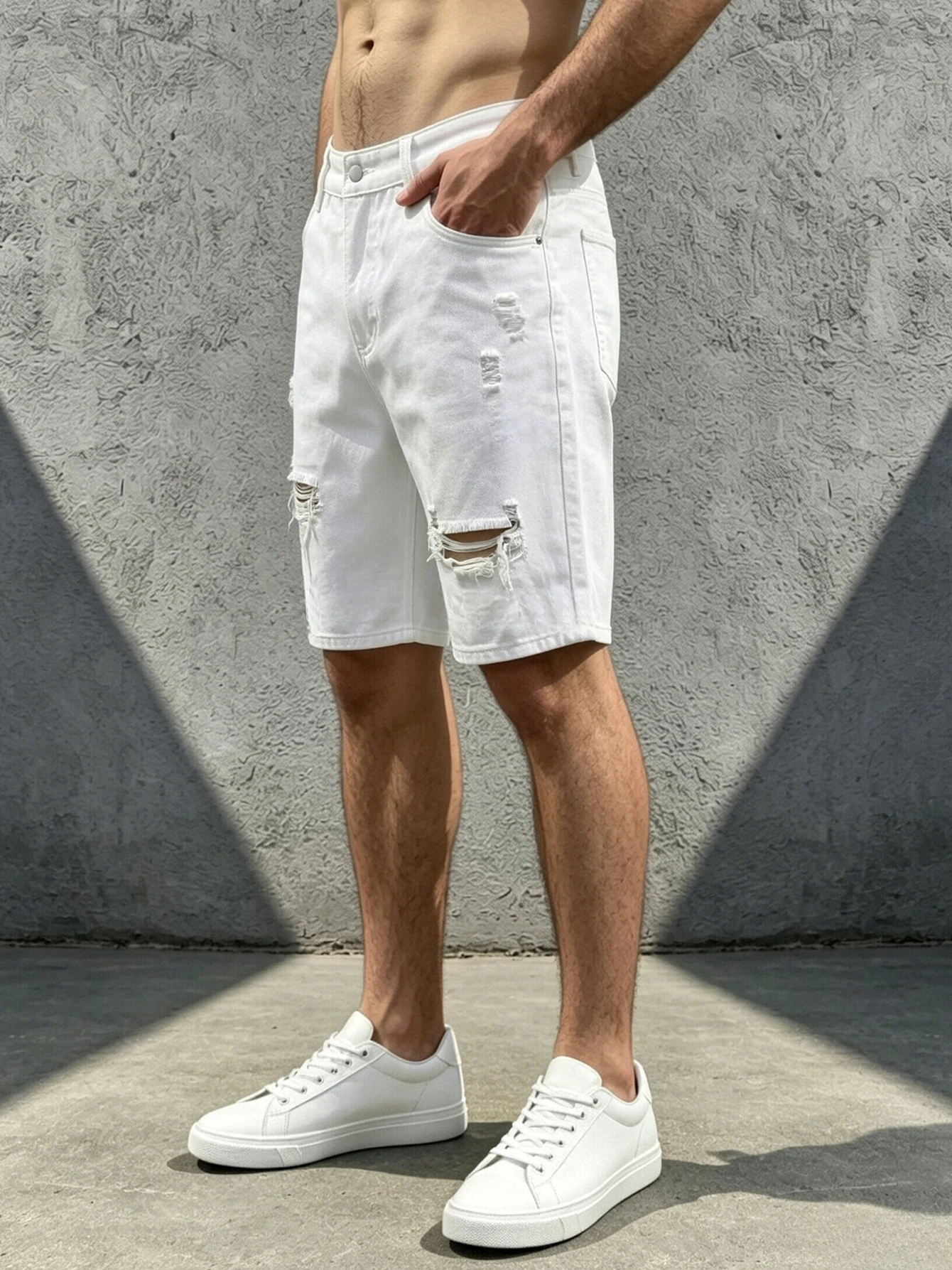 Men Jeans Denim Pants Clothing Trousers Shorts Men's Casual White Distressed Ripped Straight Leg Denim Shorts view 4