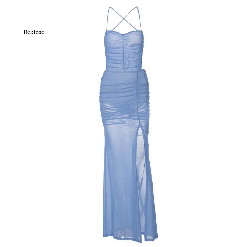 

Sleeveless Halter Strap See-Through Pleat Slit Backless Sexy Dress Summer Women Beach Style Club Party Bodycon Dress