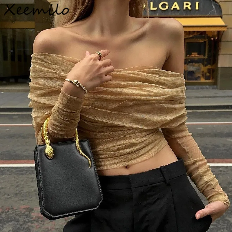 Xeemilo Sexy Slash-neck Pleated T Shirt French Gentle Long Sleeves Off Shoulder Crop Tops Vintage 2000s Women Slim Street Tees