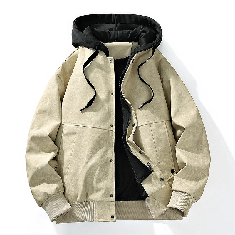 

Spring New Hooded Men PU Leather Jacket Casual Loose Comfortable Outerwear Solid Color Zipper Male Clothing Fashion All-match