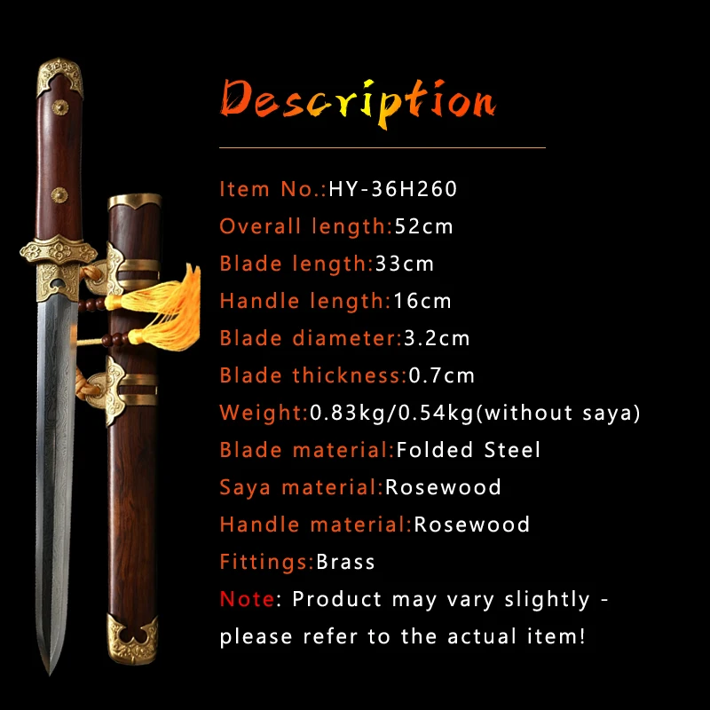 Home Decor Short Chinese Tang Sword,Hundreds Layers Folded Steel,Handmade Swords,Full Tang,Rosewood Shirasaya Traditional Prop
