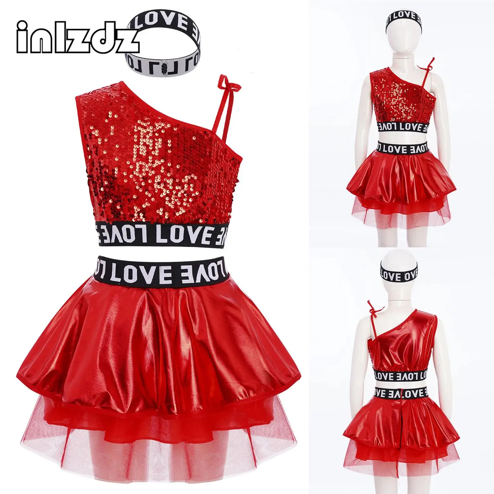 

Girls 3-Piece Hip-Hop Jazz Cheerleading Dance Costume One Shoulder Sleeveless Sequins Vest+Metallic Tutu Skirt+Hairband Outfit