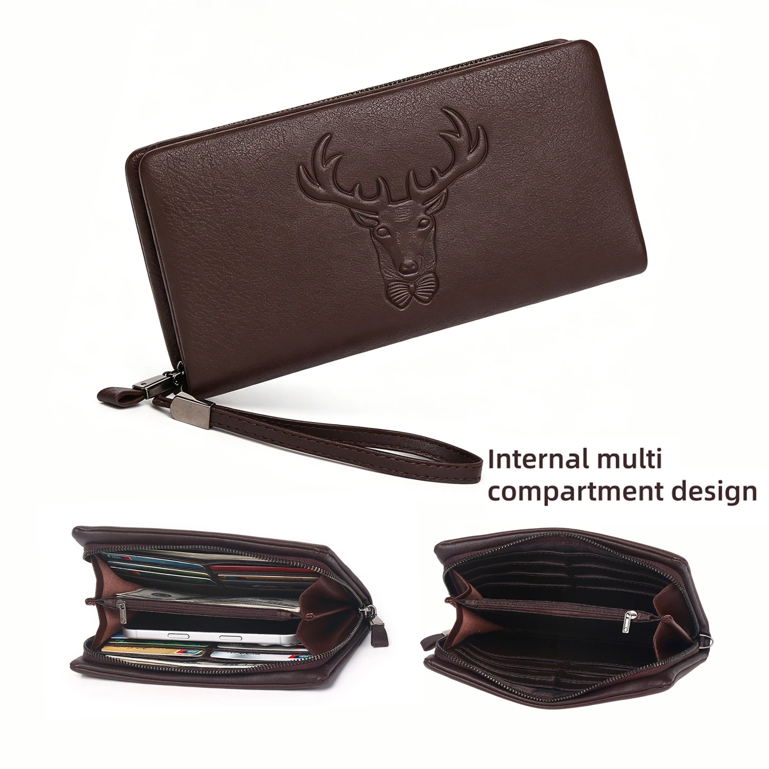 

Men's Vintage Deer Embossed Long Clutch Wallet, Large Capacity PU Leather Handbag with Wrist Strap
