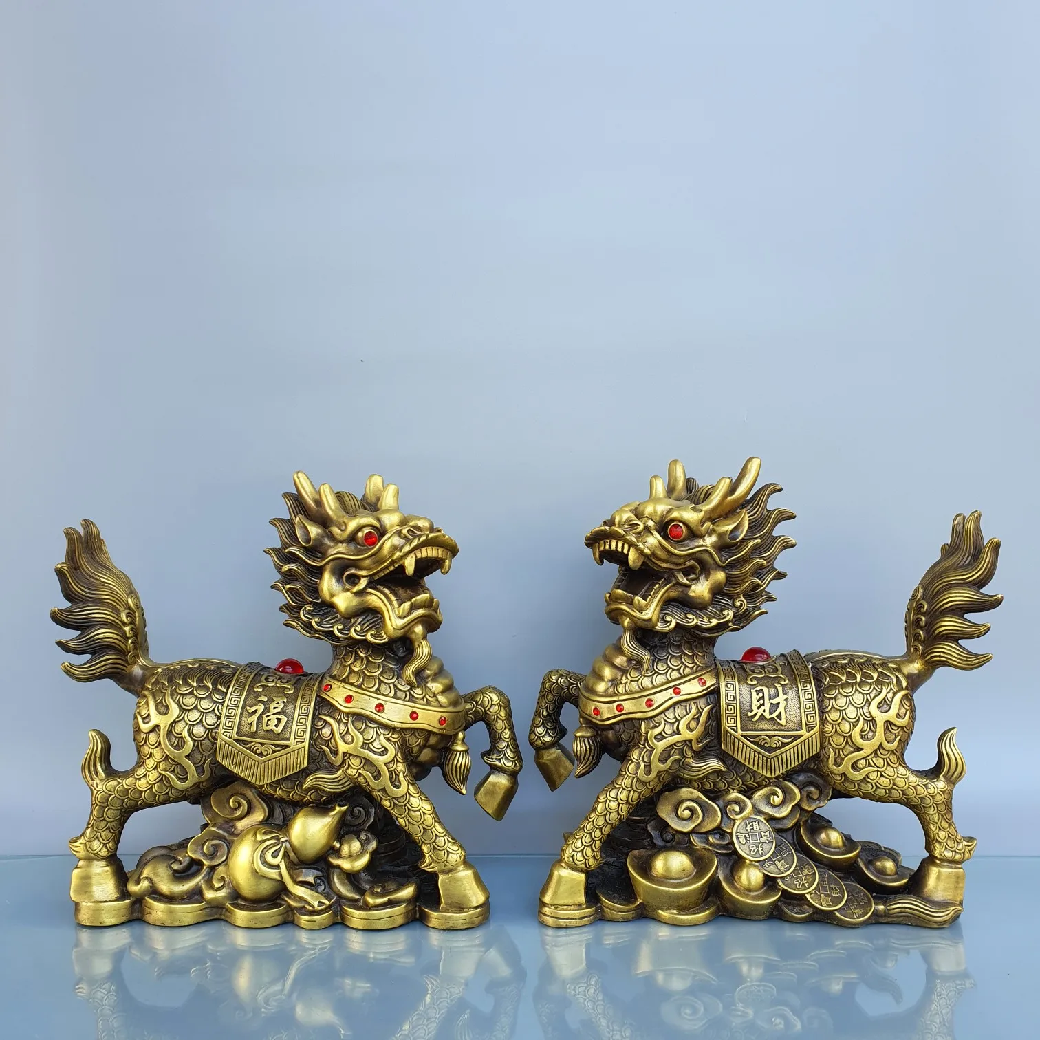 

13"Tibet Temple Collection Brass Kirin Unicorn Statue a pair Ingots coin bless Gather fortune ornament Town house Exorcism