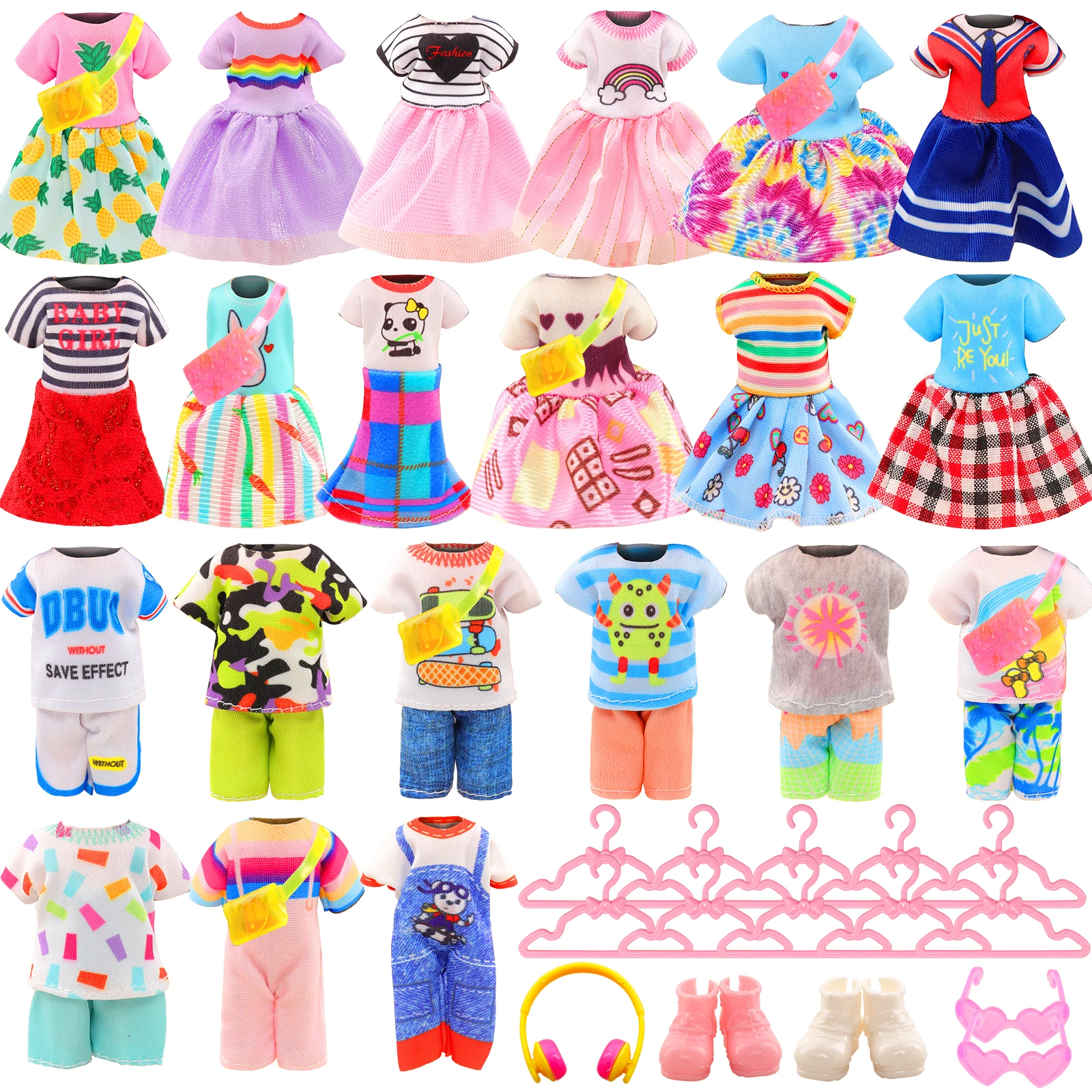 BARWA Kawaii Fashion 26 PCS For Doll Clothes, Include 5 Tops, 5 Pants for Boy Dolls, 5 Dresses for Girl Dolls and 2 Shoes