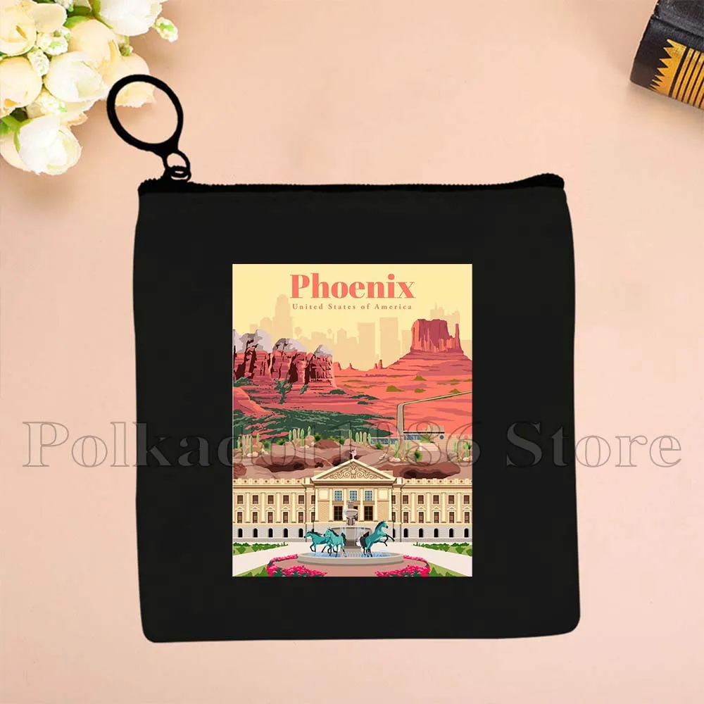 New York Chicago Seattle San Francisco Toronto Las Vegas Los Angeles Miami Seattle Canvas Coin Purse Key Case Bag Wallet Pouch