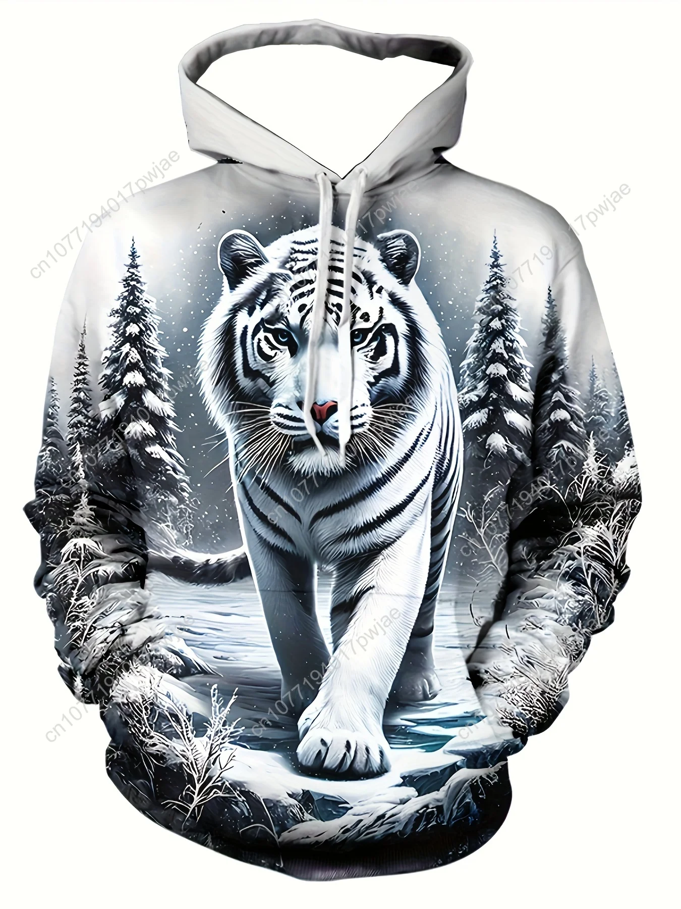 Men's 3D Ice Snow World White Tiger Graphic Hoodie - Long Sleeve Casual Pullover with Drawstring Pocket, Winter Forest Print S