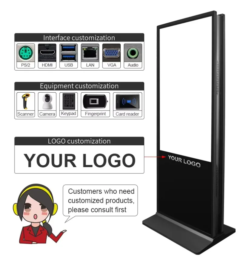 4K LCD Media Player 43 50 55 65 inch Floor Type Vertical Digital Signage Double Touch Screen Double Sided Advertising Screen