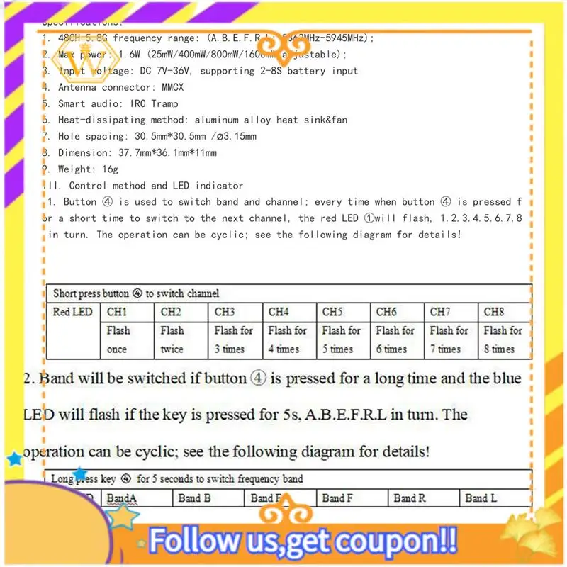 

A01K-5.8G 1.6W VTX 48CH Video Transmitter 25MW 400MW 800MW 1600MW MMCX For FPV Long Rang Racing Drone