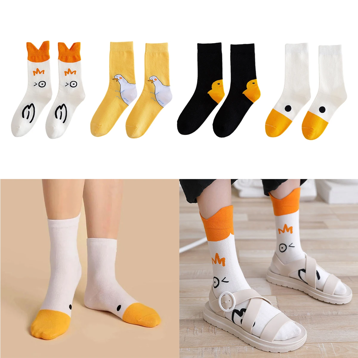 1 Pair Cute Duck Socks Printed Cartoon Yellow Socks Funny Goose Head Cotton Socks Women Girls Spring Breathable Sockings