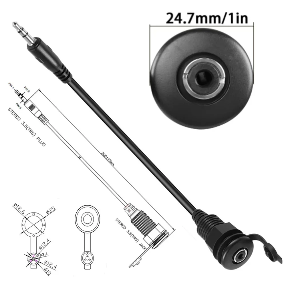 Cable impermeable de 3,5mm, adaptador estéreo de montaje integrado de 1/8 macho a hembra, enchufe TRS de 3,5mm a conector, Cable de montaje para auriculares de 0,3 M