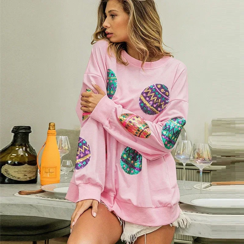 Sequin Sweatshirt Easter Egg Pullover Knitted Spring Casual Loose O-Neck Long Sleeve Hoodies Office Lady Style Lsdy's Clothing