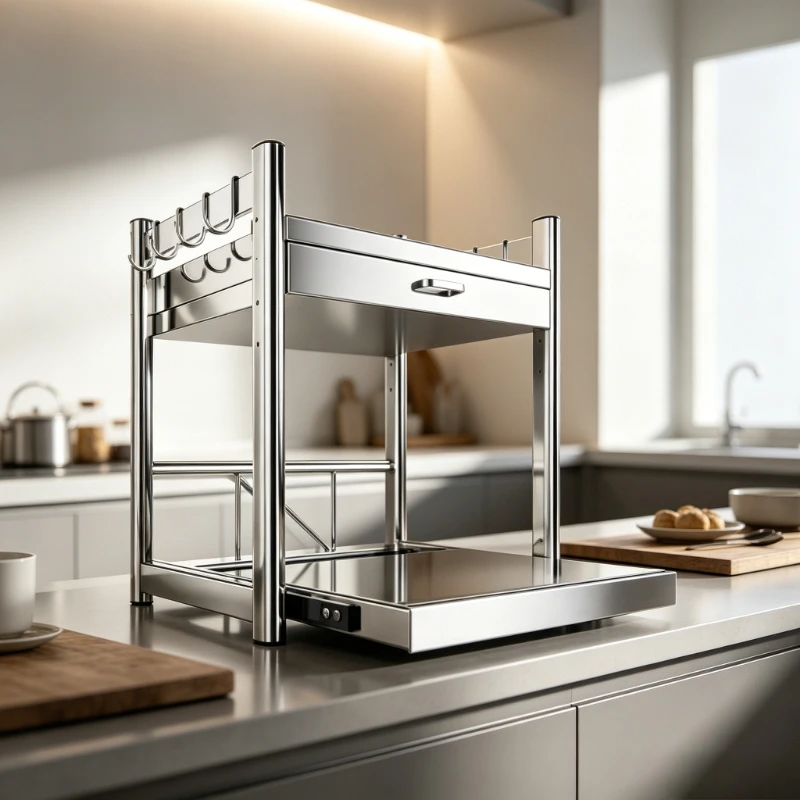 Telescopic Stainless Steel Microwave Rack, Height-adjustable Shelf Organizer for Countertops, Slide Tray Stand with Extra Layer.