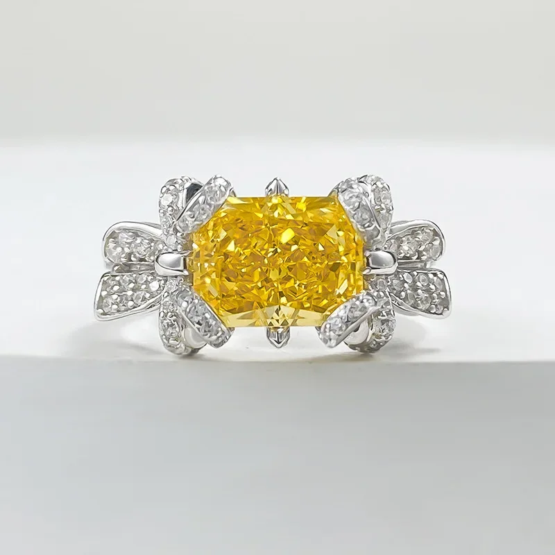 S925 Prata Amarelo Anel De Diamante, Diamante De Alto Carbono, 7*9mm, Luxo Europeu e Americano Vento, Velocidade de Venda Transversal, Novo