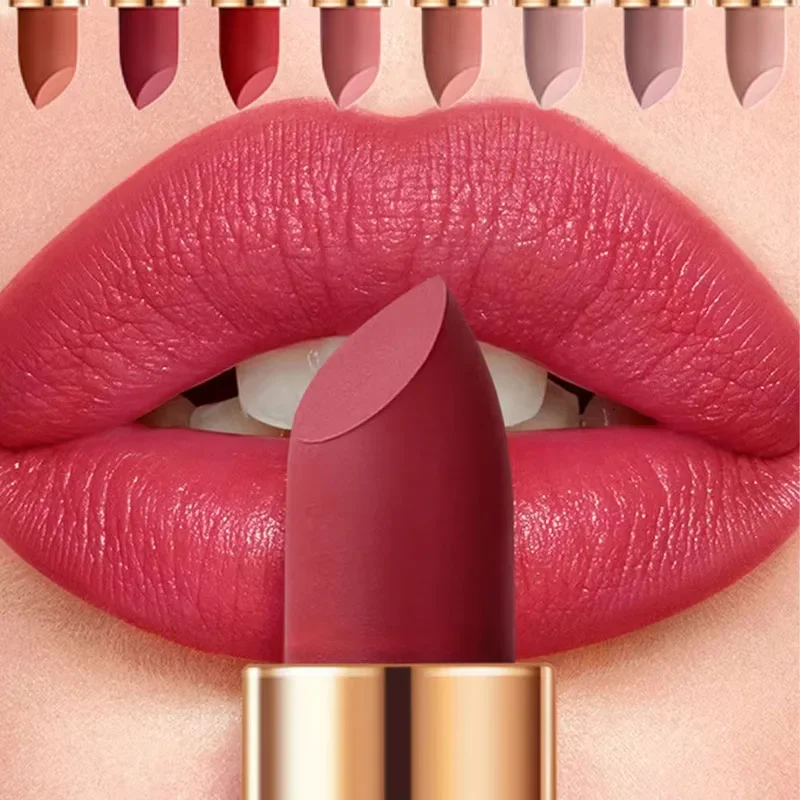 Hydraterende sexy rode lippenstift Gouden buis Waterdicht Hooggepigmenteerd Gemakkelijk aan te brengen Romige hydraterende lippenstift Blijvende lipmake-up
