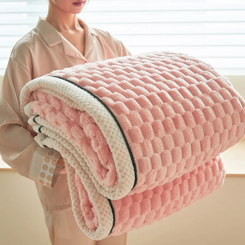 Warm Coral Fleece Blanket Double-Sided Thick Plush for Autumn Winter Bed Sofa, Soft Flannel Cozy Pink Grey Green Turtle Design