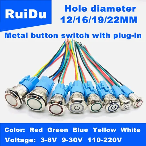12 16 19 22mm interruptor de botón de metal impermeable con conector lámpara LED bloqueo instantáneo interruptor de alimentación del motor automotriz 6V 12V 24V 220V