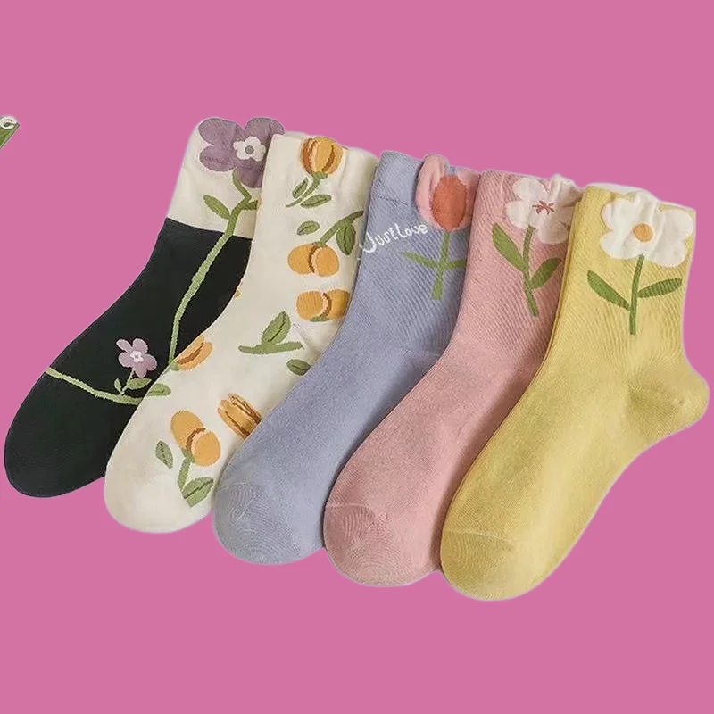 

5/10 Pairs Sweet Style Socks Niche Personality College Socks Flower Socks Women's Spring Summer and Autumn Middle-Tube Socks