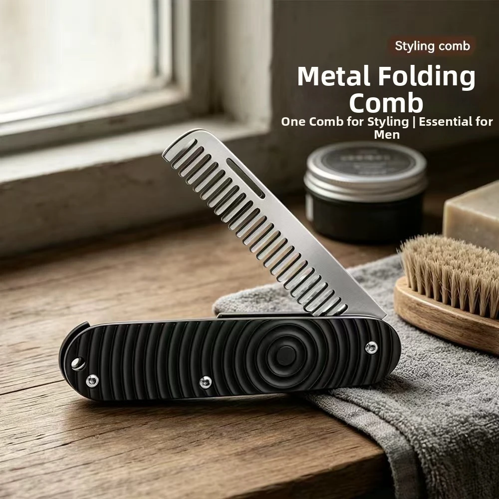 Vintage Anti Tangle Stainless Steel Folding Beard Comb Wooden Handle Portable Pocket Barber Oil Hair Styling Tool For Men
