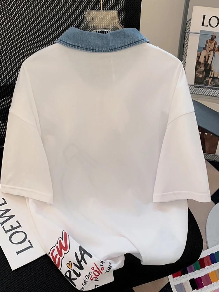 White Denim Collar Half Zip Cotton Polo Shirt with Cute Cat in Fanny Pack Print Women's Casual Loose Short Sleeve Top