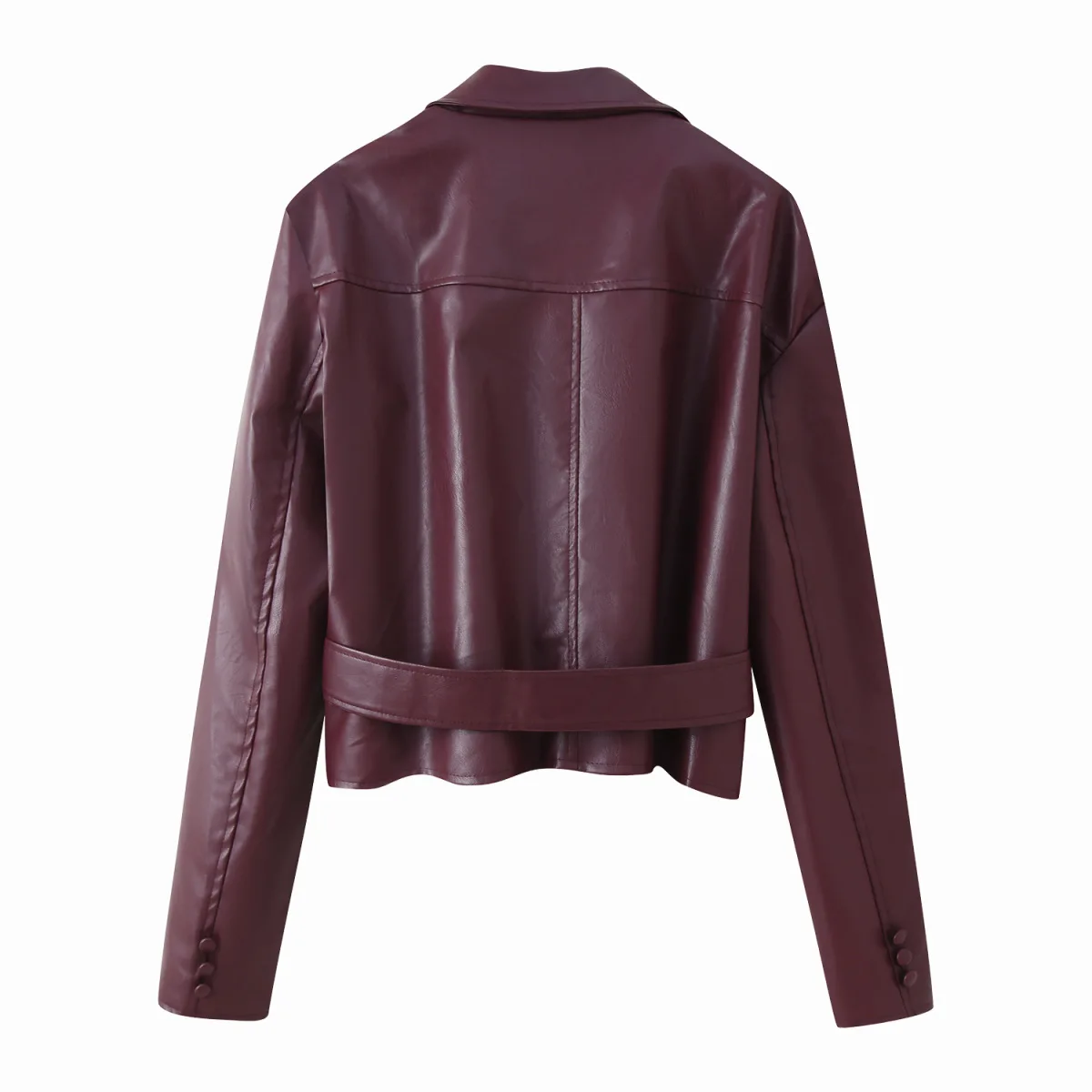 2025 Otoño Invierno nuevo vino rojo cuello vuelto Nudo de lazo Chaqueta corta de cuero mujer moda abrigo ajustado opciones multicolores
